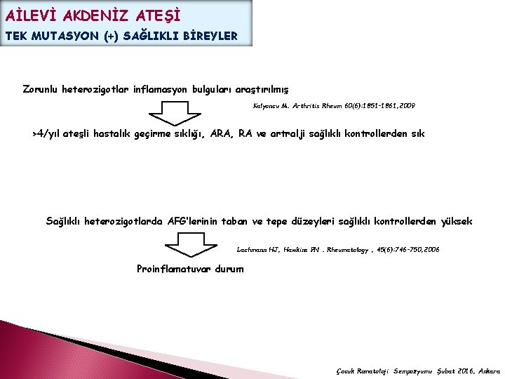 AİLEVİ AKDENİZ ATEŞİ TEK MUTASYON (+) SAĞLIKLI BİREYLER Zorunlu heterozigotlar inflamasyon bulguları araştırılmış Kalyoncu