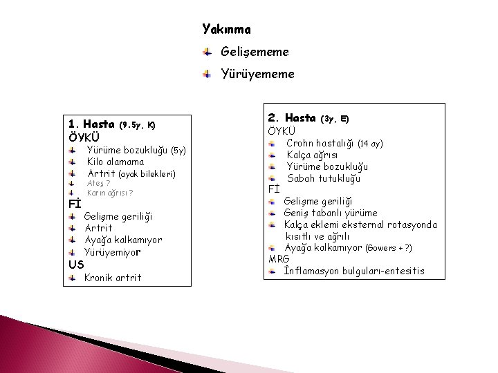 Yakınma Gelişememe Yürüyememe 1. Hasta ÖYKÜ (9. 5 y, K) Yürüme bozukluğu (5 y)