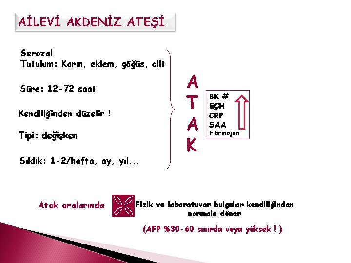 AİLEVİ AKDENİZ ATEŞİ Serozal Tutulum: Karın, eklem, göğüs, cilt Süre: 12 -72 saat Kendiliğinden