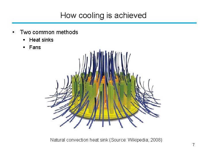 How cooling is achieved • Two common methods § Heat sinks § Fans Natural