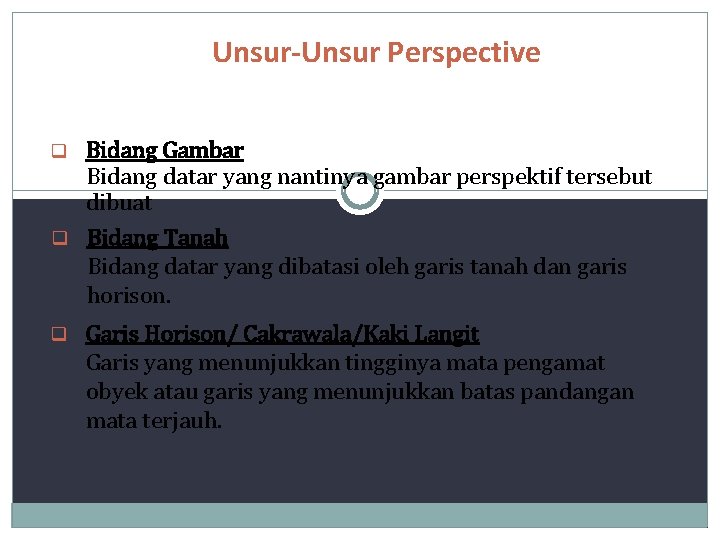 Unsur-Unsur Perspective Unsur-unsur perspective : Bidang Gambar Bidang datar yang nantinya gambar perspektif tersebut