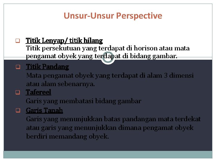 Unsur-Unsur Perspective Titik Lenyap/ titik hilang Titik persekutuan yang terdapat di horison atau mata