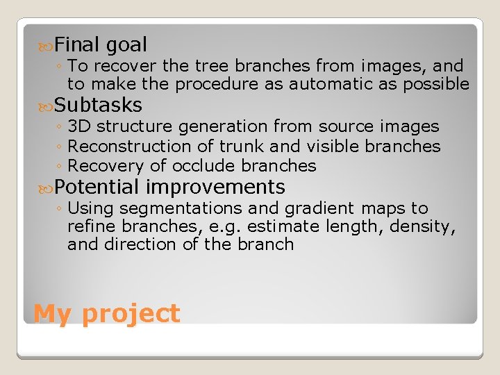  Final goal ◦ To recover the tree branches from images, and to make