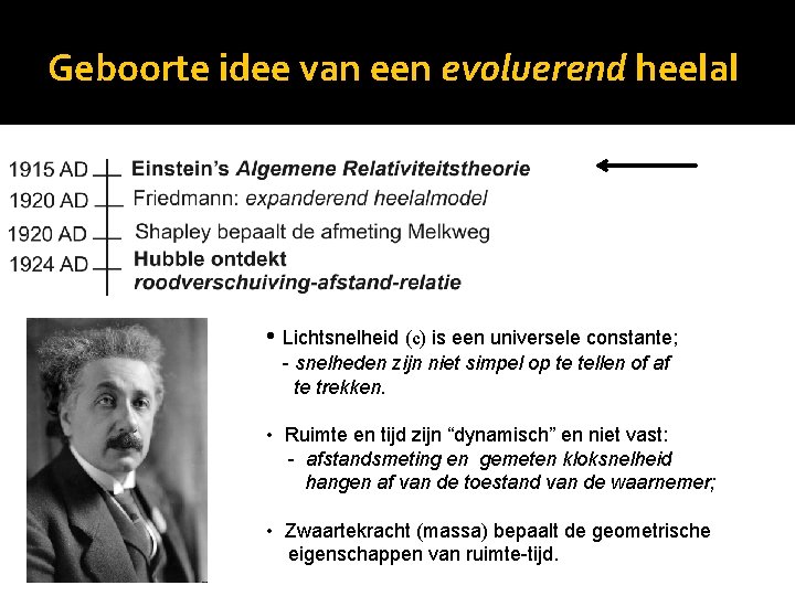 Geboorte idee van een evoluerend heelal • Lichtsnelheid (c) is een universele constante; -