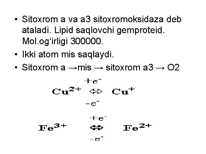  • Sitoxrom a va a 3 sitoxromoksidaza deb ataladi. Lipid saqlovchi gemproteid. Mol.
