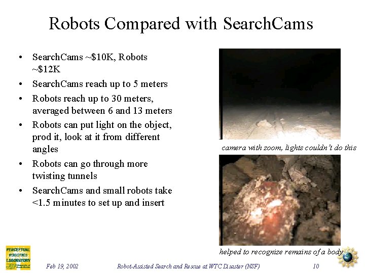 Robots Compared with Search. Cams • Search. Cams ~$10 K, Robots ~$12 K •