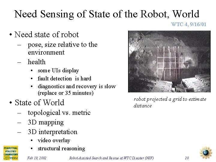 Need Sensing of State of the Robot, World WTC 4, 9/16/01 • Need state