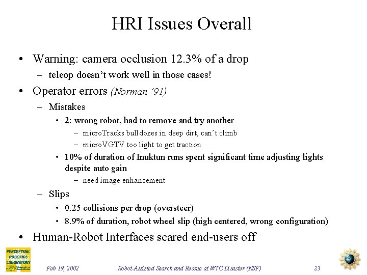 HRI Issues Overall • Warning: camera occlusion 12. 3% of a drop – teleop