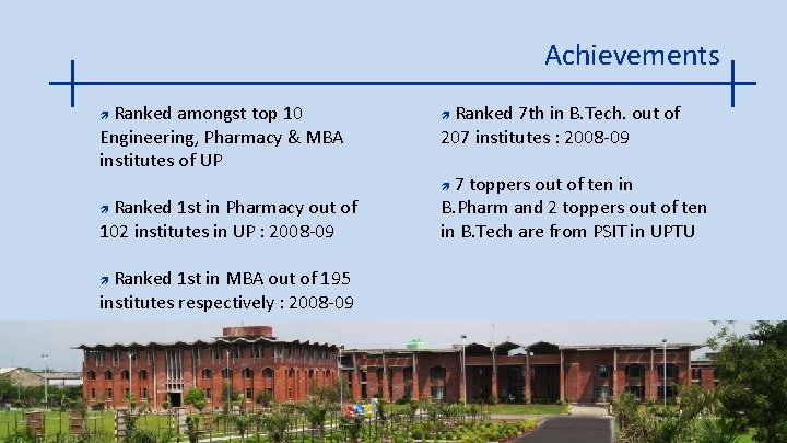 Achievements Ranked amongst top 10 Engineering, Pharmacy & MBA institutes of UP ì Ranked