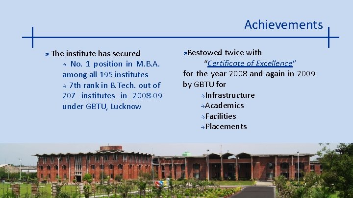 Achievements The institute has secured No. 1 position in M. B. A. among all