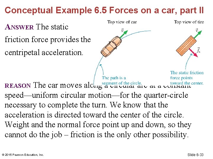 Conceptual Example 6. 5 Forces on a car, part II ANSWER The static friction