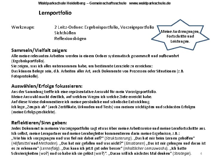 Waldparkschule Heidelberg – Gemeinschaftsschule www. waldparkschule. de Lernportfolio Werkzeuge: 2 Leitz-Ordner: Ergebnisportfolio, Vorzeigeportfolio Sichthüllen