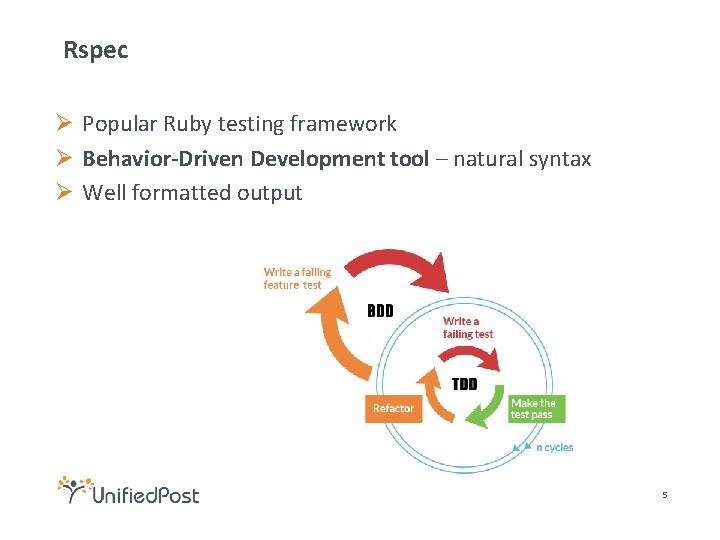 Rspec Ø Popular Ruby testing framework Ø Behavior-Driven Development tool – natural syntax Ø