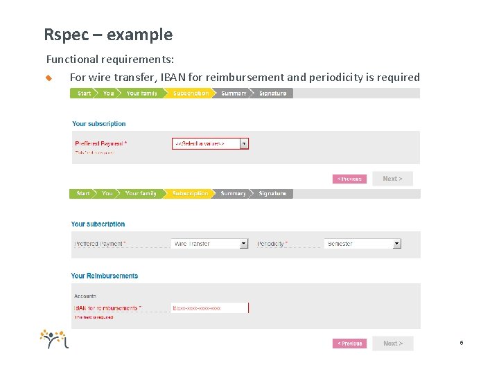 Rspec – example Functional requirements: For wire transfer, IBAN for reimbursement and periodicity is