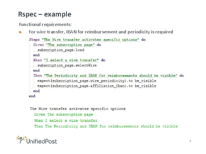 Rspec – example Functional requirements: For wire transfer, IBAN for reimbursement and periodicity is