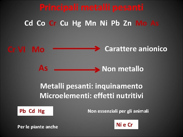 Principali metalli pesanti Cd Co Cr Cu Hg Mn Ni Pb Zn Mo As