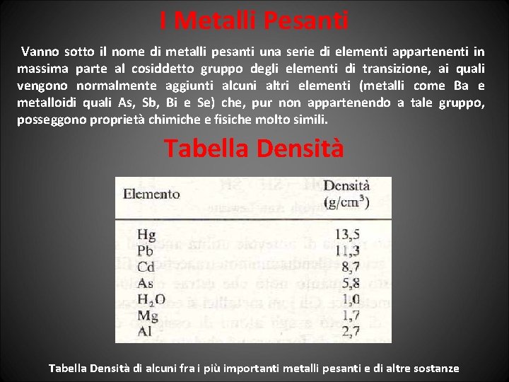 I Metalli Pesanti Vanno sotto il nome di metalli pesanti una serie di elementi