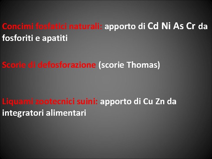 Concimi fosfatici naturali: apporto di Cd Ni As Cr da fosforiti e apatiti Scorie