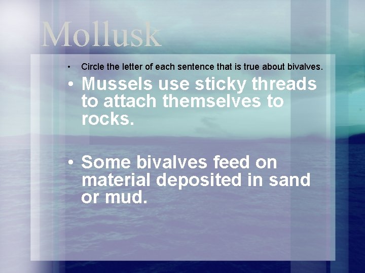 Mollusk • Circle the letter of each sentence that is true about bivalves. •