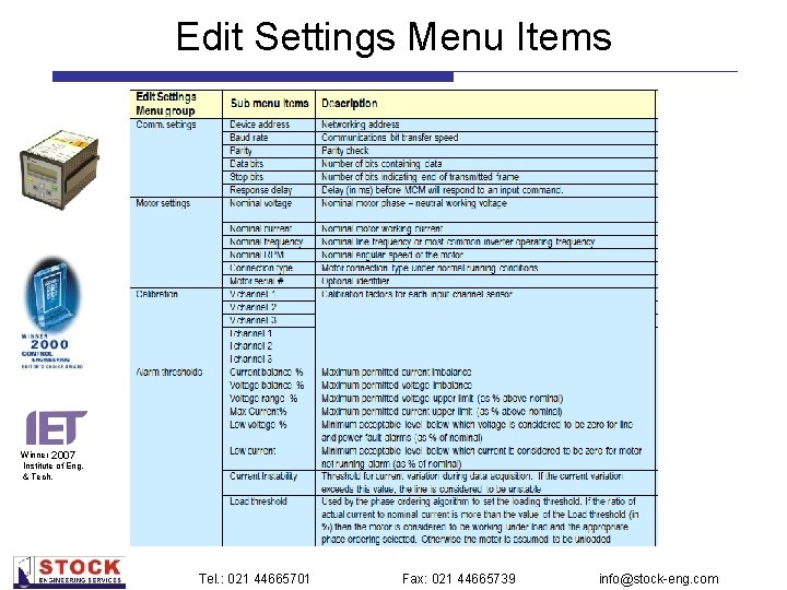 Edit Settings Menu Items Winner 2007 Institute of Eng. & Tech. Tel. : 021