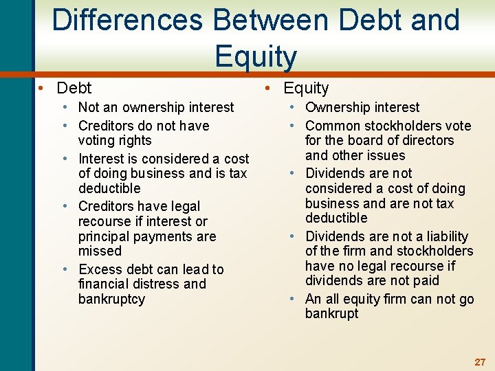 Differences Between Debt and Equity • Debt • Not an ownership interest • Creditors