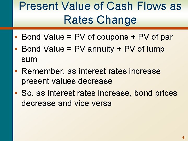 Present Value of Cash Flows as Rates Change • Bond Value = PV of