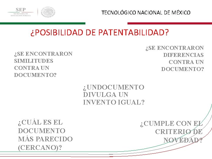 TECNOLÓGICO NACIONAL DE MÉXICO ¿POSIBILIDAD DE PATENTABILIDAD? ¿SE ENCONTRARON DIFERENCIAS CONTRA UN DOCUMENTO? ¿SE