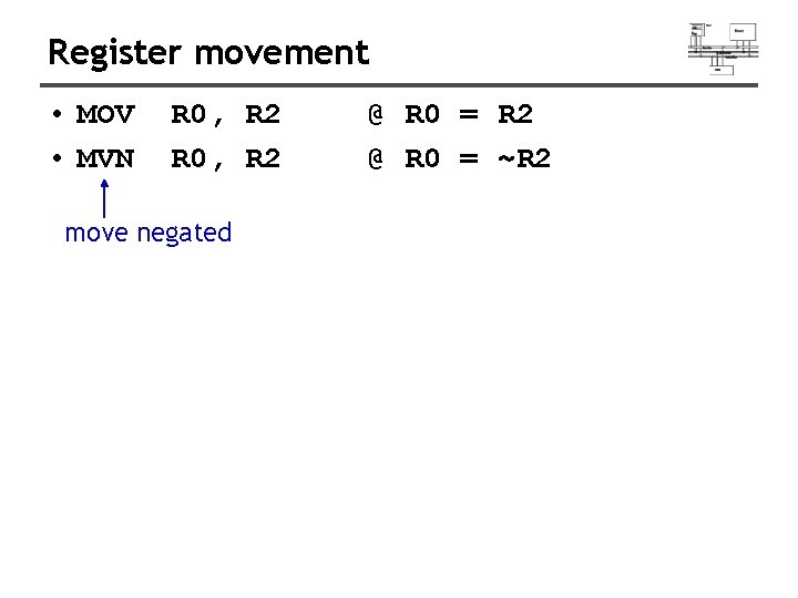 Register movement • MOV • MVN R 0, R 2 move negated @ R
