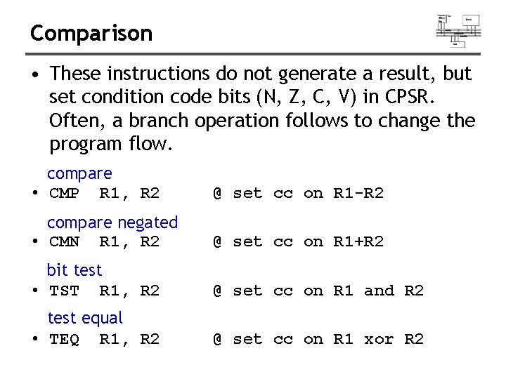 Comparison • These instructions do not generate a result, but set condition code bits