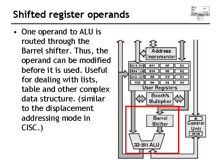 Shifted register operands • One operand to ALU is routed through the Barrel shifter.