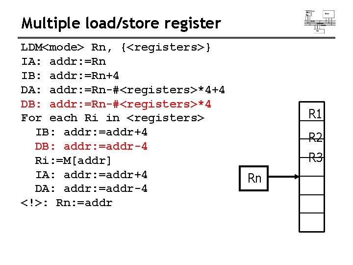 Multiple load/store register LDM<mode> Rn, {<registers>} IA: addr: =Rn IB: addr: =Rn+4 DA: addr: