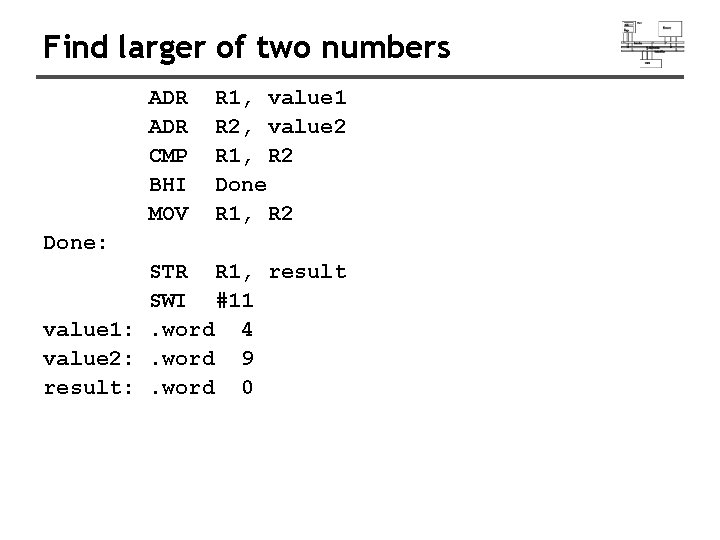 Find larger of two numbers ADR CMP BHI MOV R 1, value 1 R