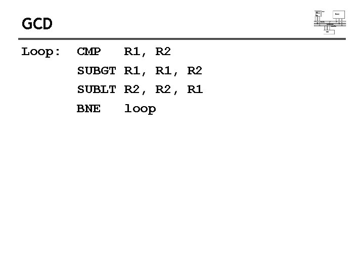 GCD Loop: CMP SUBGT SUBLT BNE R 1, R 2, R 2, R 1