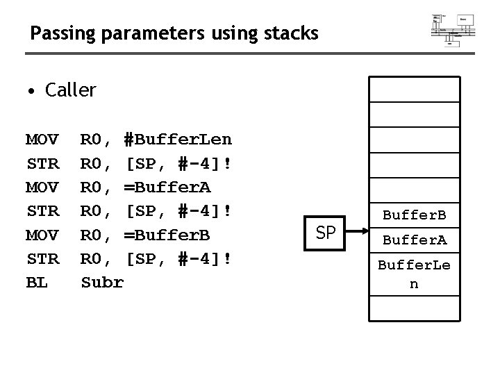 Passing parameters using stacks • Caller MOV STR BL R 0, #Buffer. Len R