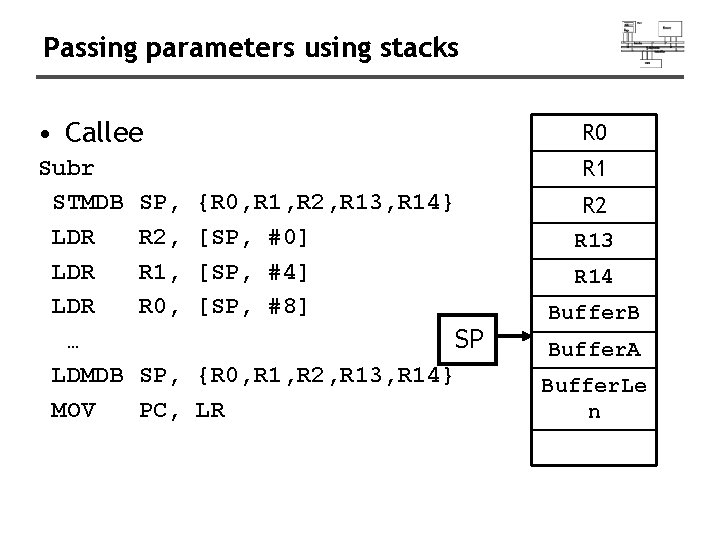 Passing parameters using stacks • Callee R 0 Subr STMDB LDR LDR … LDMDB