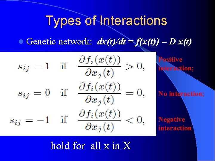 Types of Interactions l Genetic network: dx(t)/dt = f(x(t)) – D x(t) Positive interaction;