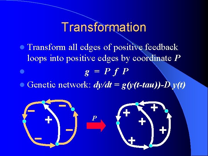 Transformation l Transform all edges of positive feedback loops into positive edges by coordinate