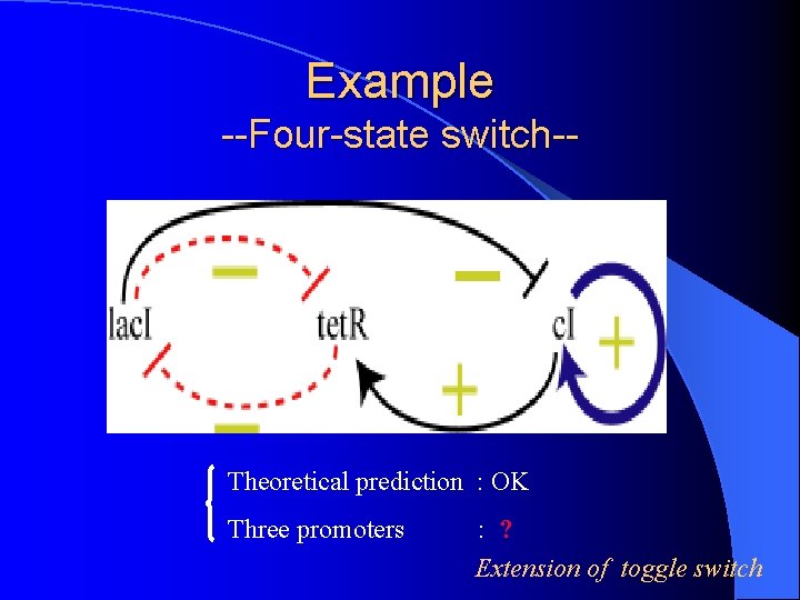 Example --Four-state switch-- Theoretical prediction : OK Three promoters : ? Extension of toggle