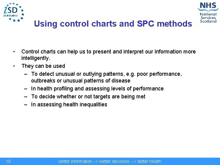 Using control charts and SPC methods • • 10 Control charts can help us