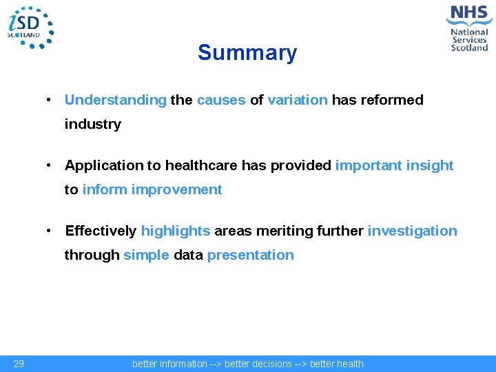 Summary • Understanding the causes of variation has reformed industry • Application to healthcare