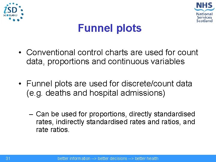 Funnel plots • Conventional control charts are used for count data, proportions and continuous