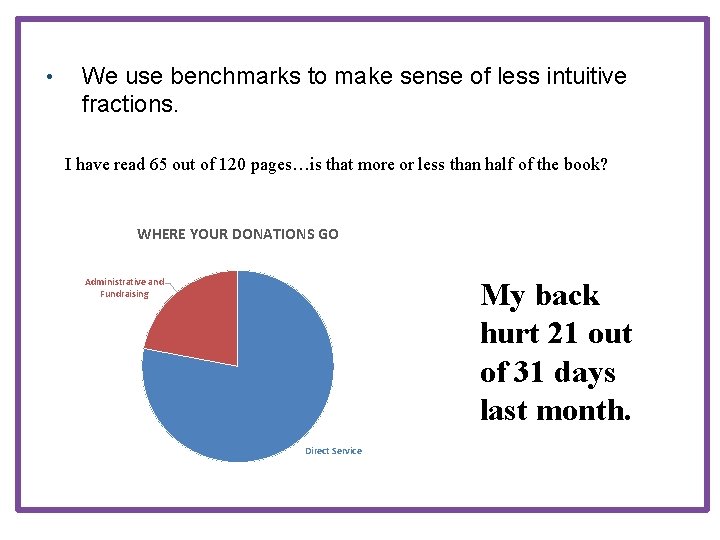  • We use benchmarks to make sense of less intuitive fractions. I have