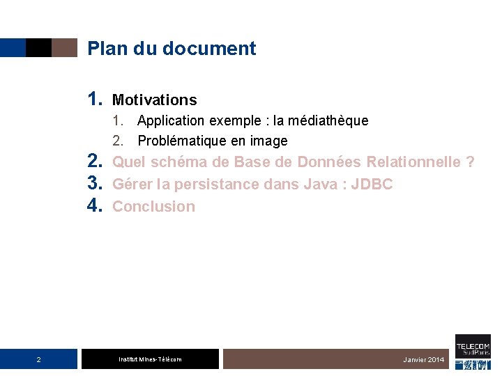 Plan du document 1. Motivations 1. Application exemple : la médiathèque 2. Problématique en