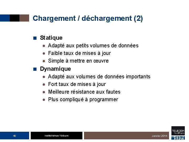 Chargement / déchargement (2) ■ Statique ● Adapté aux petits volumes de données ●