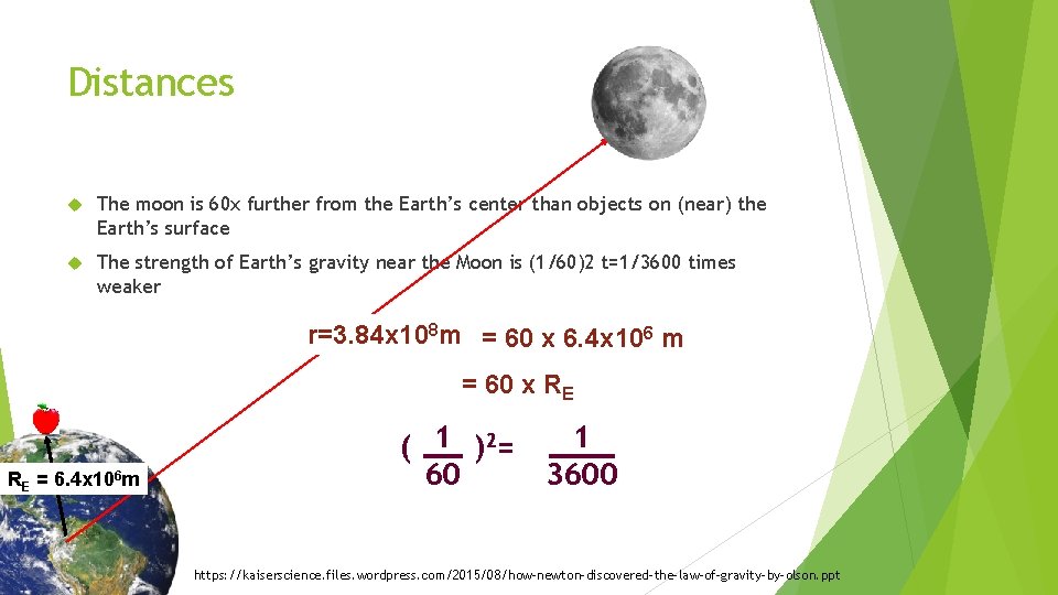 Distances The moon is 60 x further from the Earth’s center than objects on