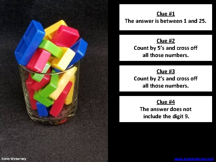 Clue #1 The answer is between 1 and 25. Clue #2 Count by. Clue