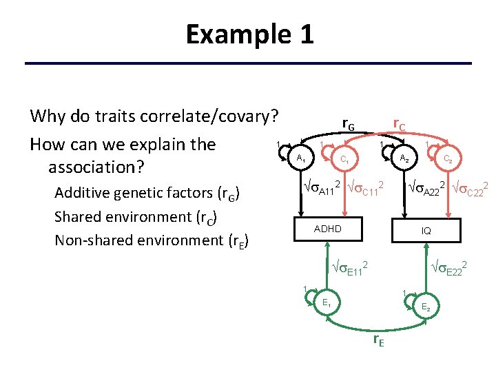 Example 1 Why do traits correlate/covary? 1 How can we explain the association? Additive