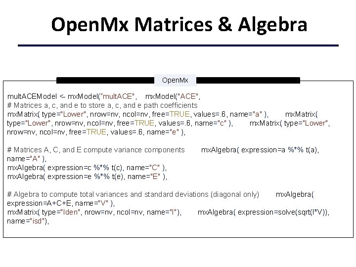 Open. Mx Matrices & Algebra Open. Mx mult. ACEModel <- mx. Model(”mult. ACE", mx.