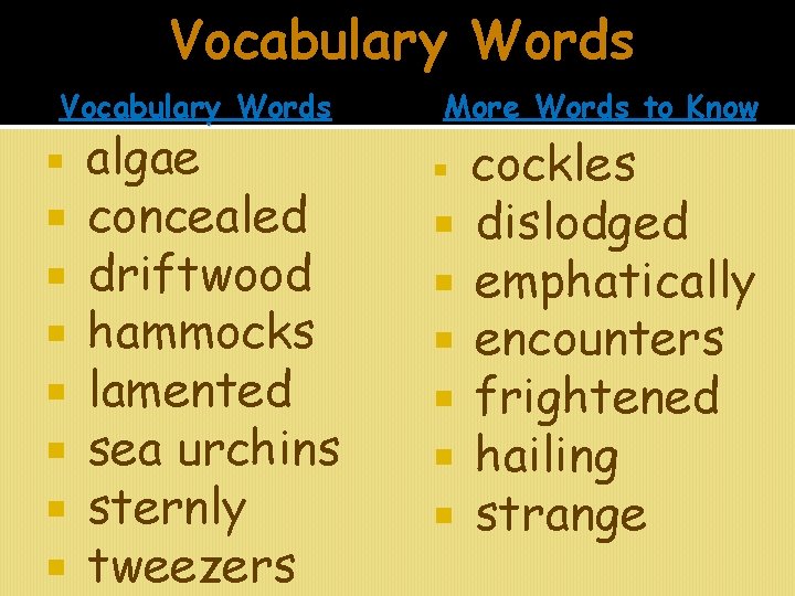 Vocabulary Words algae concealed driftwood hammocks lamented sea urchins sternly tweezers More Words to