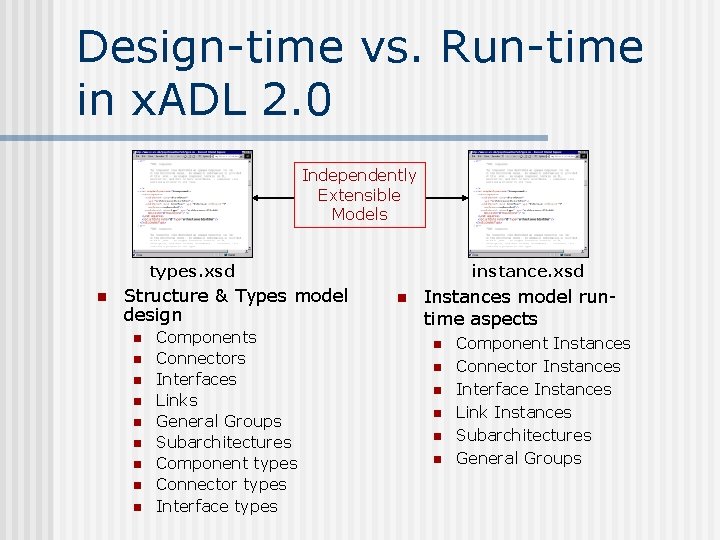 Design-time vs. Run-time in x. ADL 2. 0 Independently Extensible Models types. xsd n